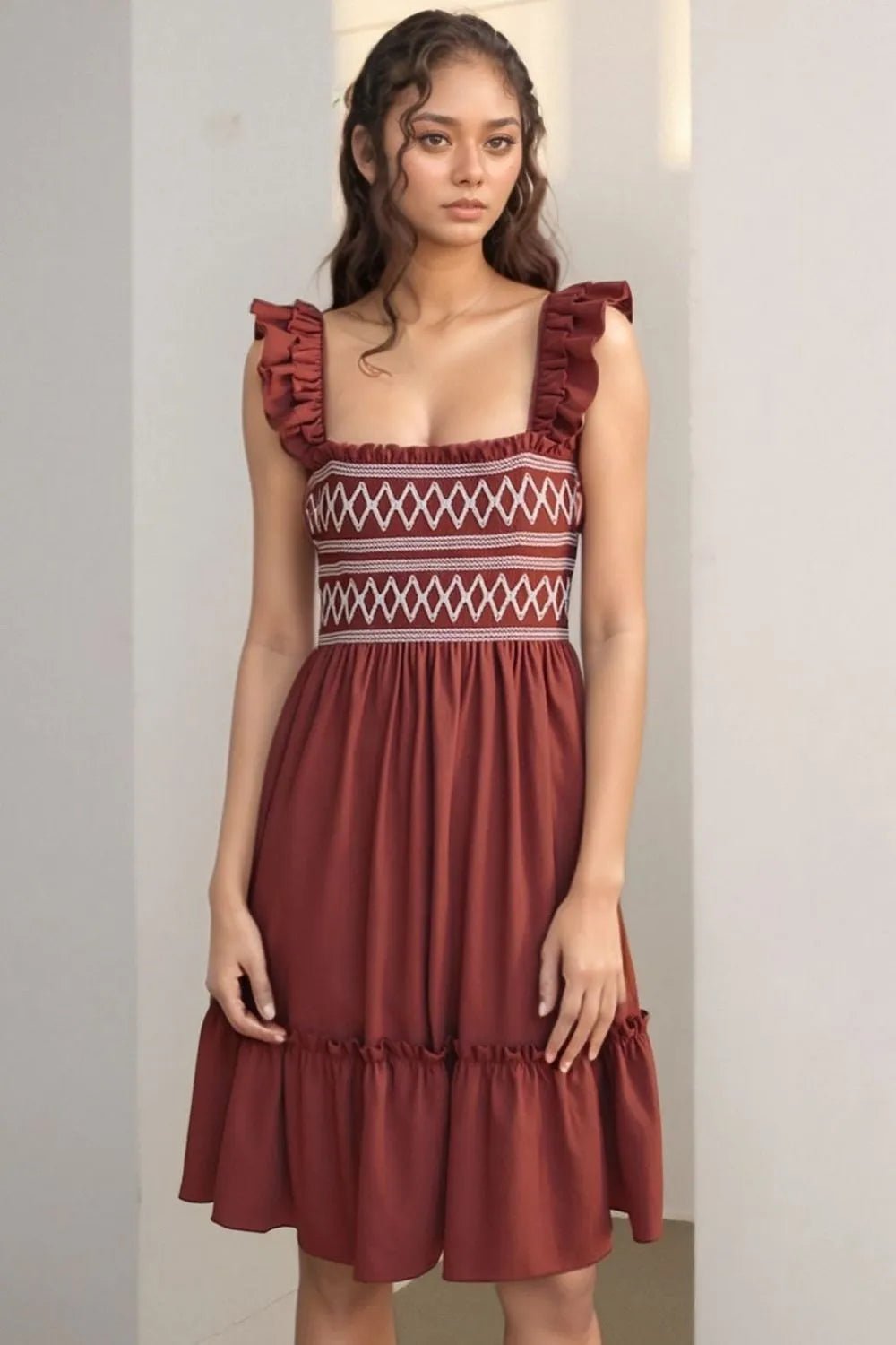 Elegant Ruffled Smocked Cap Sleeve Mini Dress - adritiX