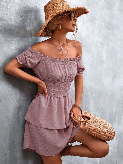Elegant Ruffled Swiss Dot Off - Shoulder Dress - adritiX