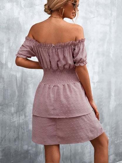 Elegant Ruffled Swiss Dot Off - Shoulder Dress - adritiX