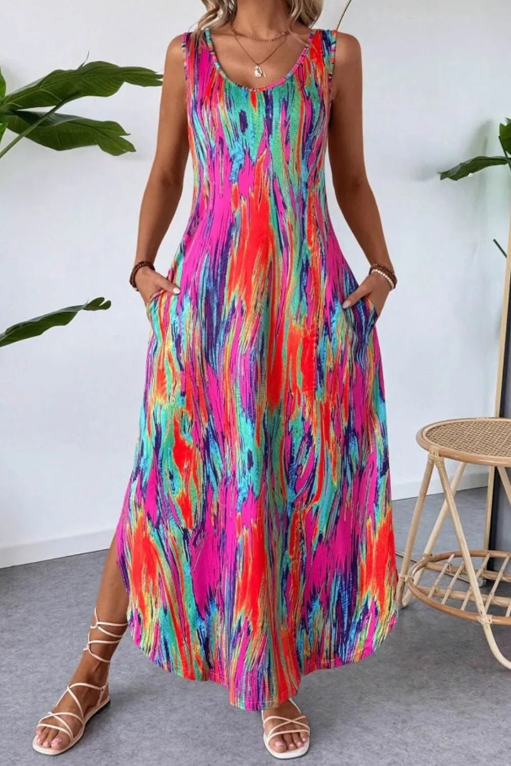 Elegant Scoop Neck Sleeveless Dress with Pockets - adritiX