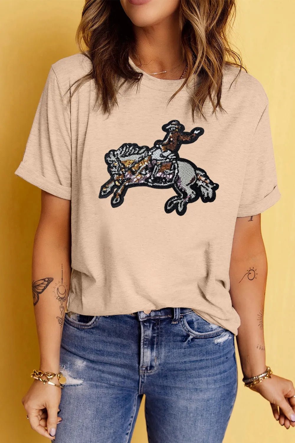 Elegant Sequin Rodeo Graphic Crewneck Tee - adritiX