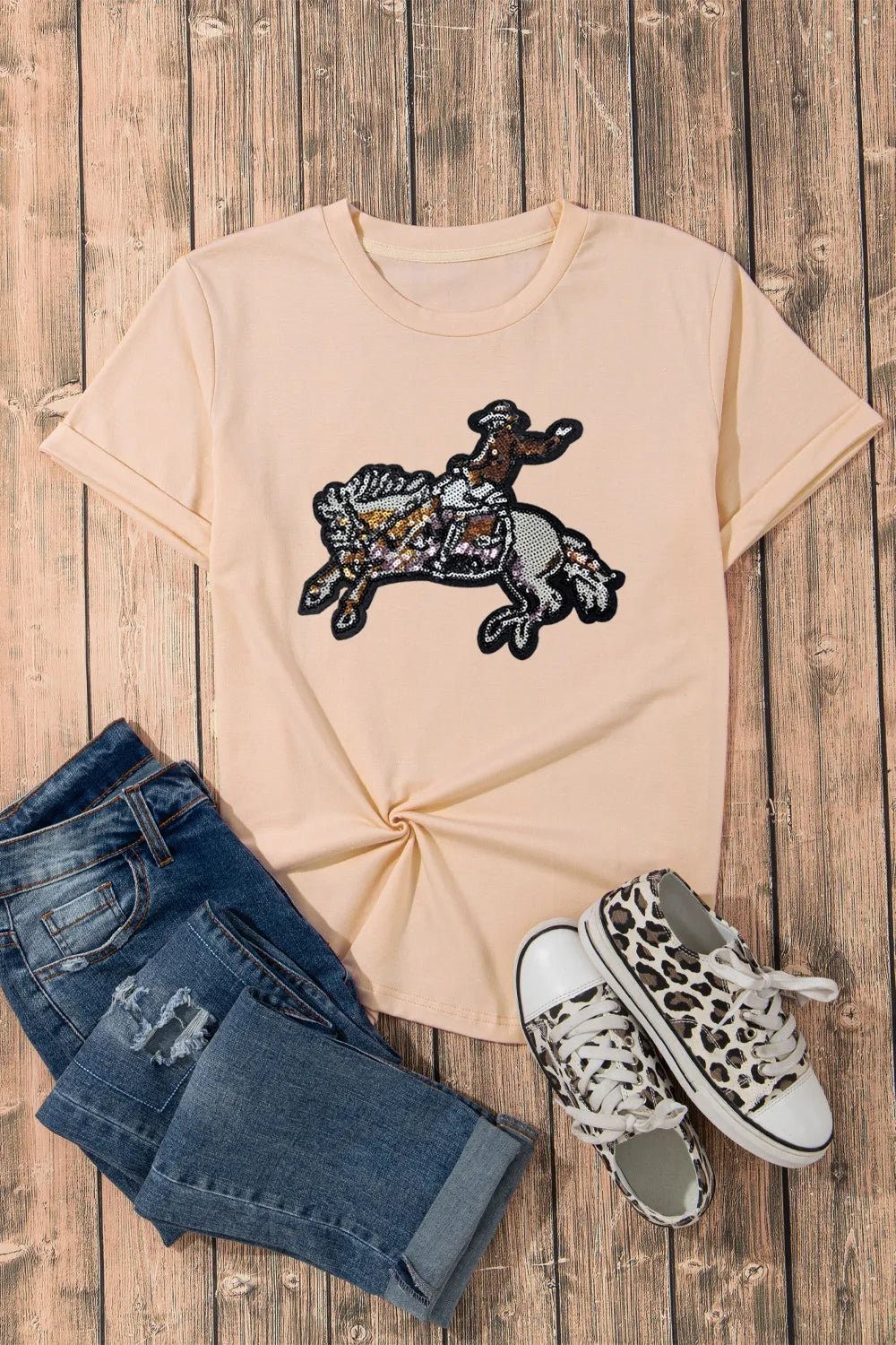 Elegant Sequin Rodeo Graphic Crewneck Tee - adritiX