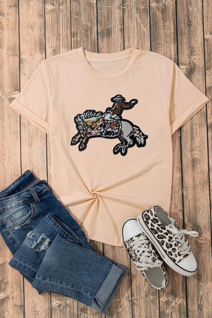 Elegant Sequin Rodeo Graphic Crewneck Tee - adritiX