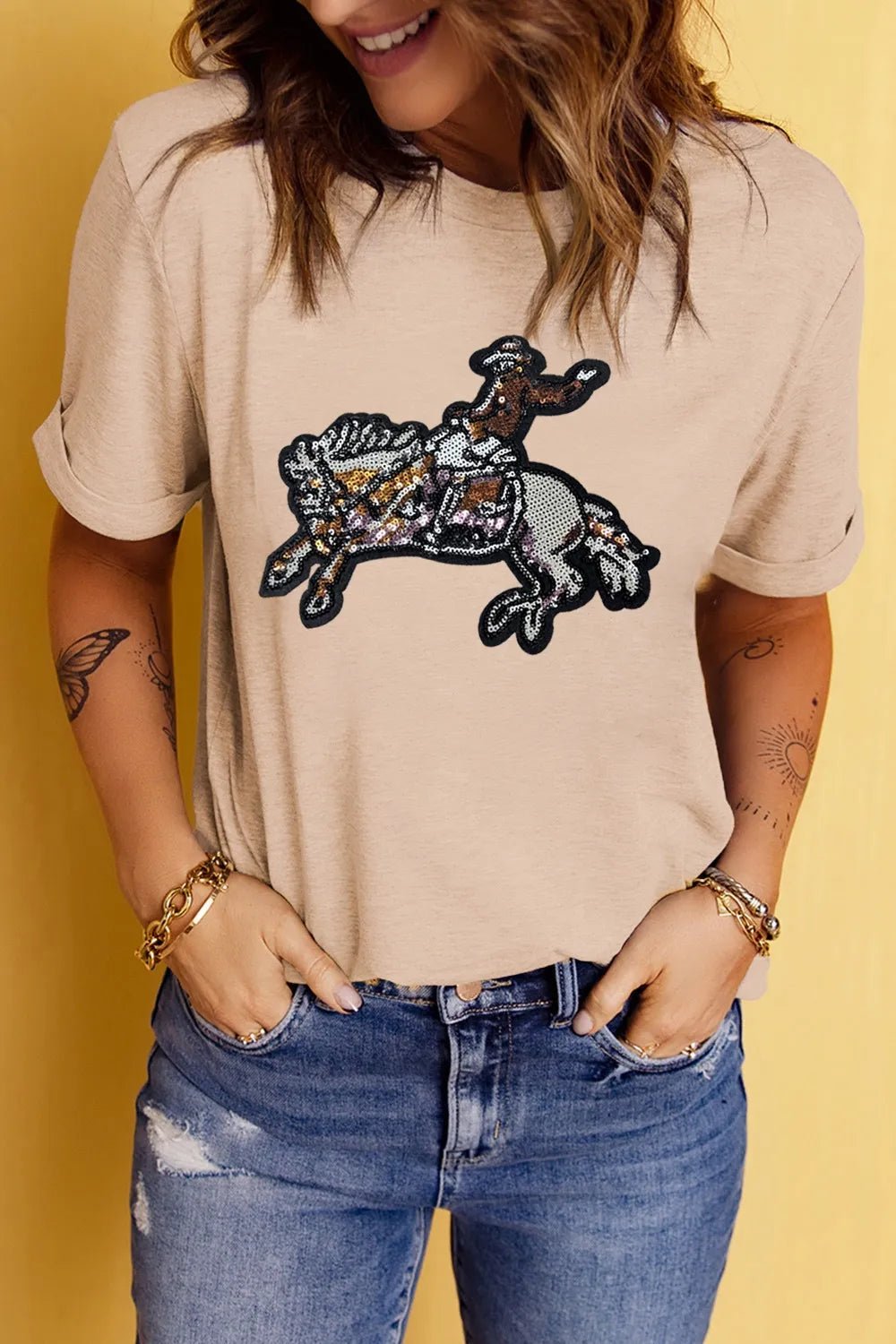 Elegant Sequin Rodeo Graphic Crewneck Tee - adritiX