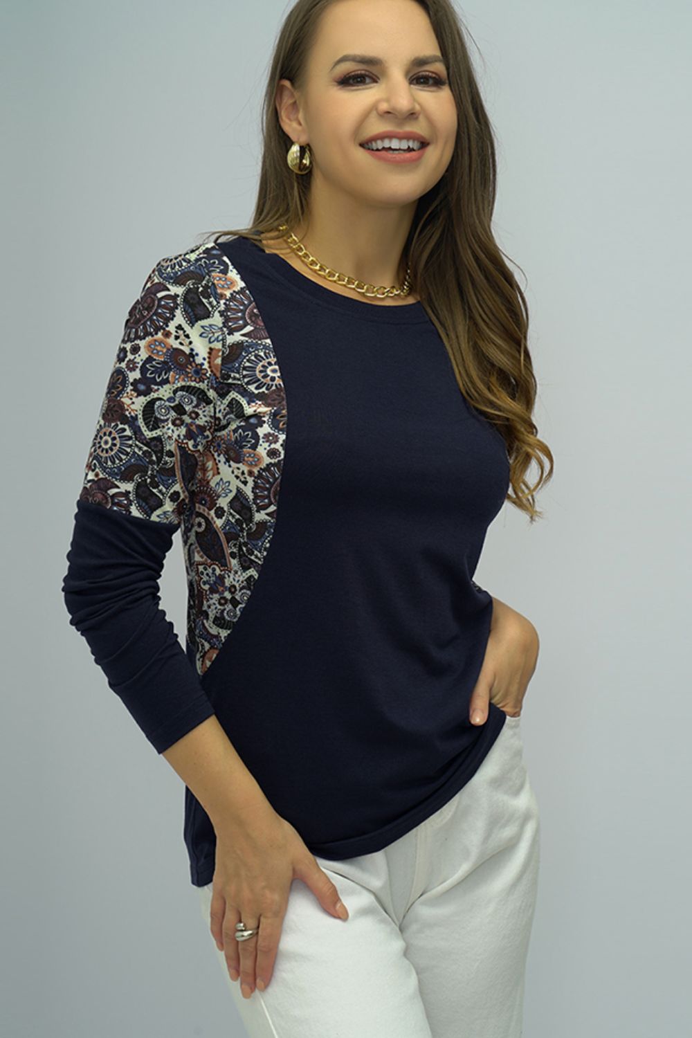 Elegant Shiny Round Neck Printed Shoulder Tee - adritiX