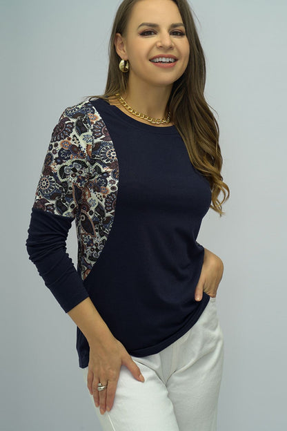 Elegant Shiny Round Neck Printed Shoulder Tee - adritiX
