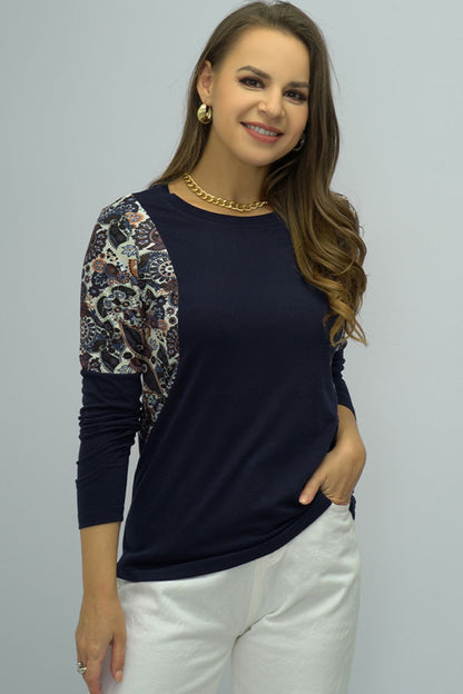 Elegant Shiny Round Neck Printed Shoulder Tee - adritiX