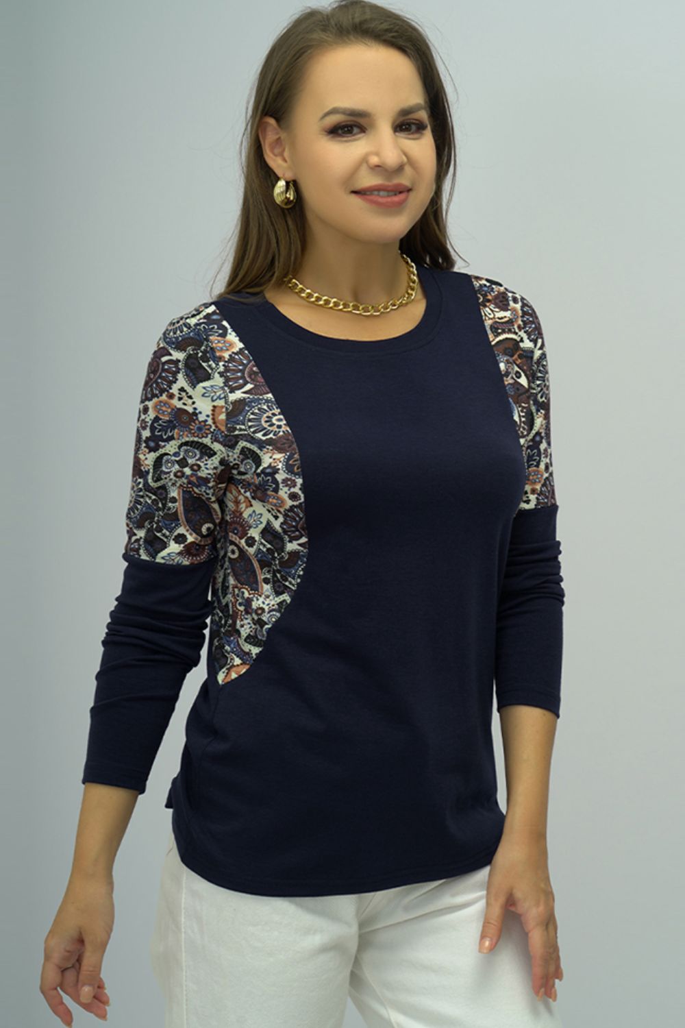 Elegant Shiny Round Neck Printed Shoulder Tee - adritiX