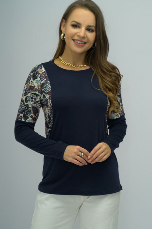 Elegant Shiny Round Neck Printed Shoulder Tee - adritiX