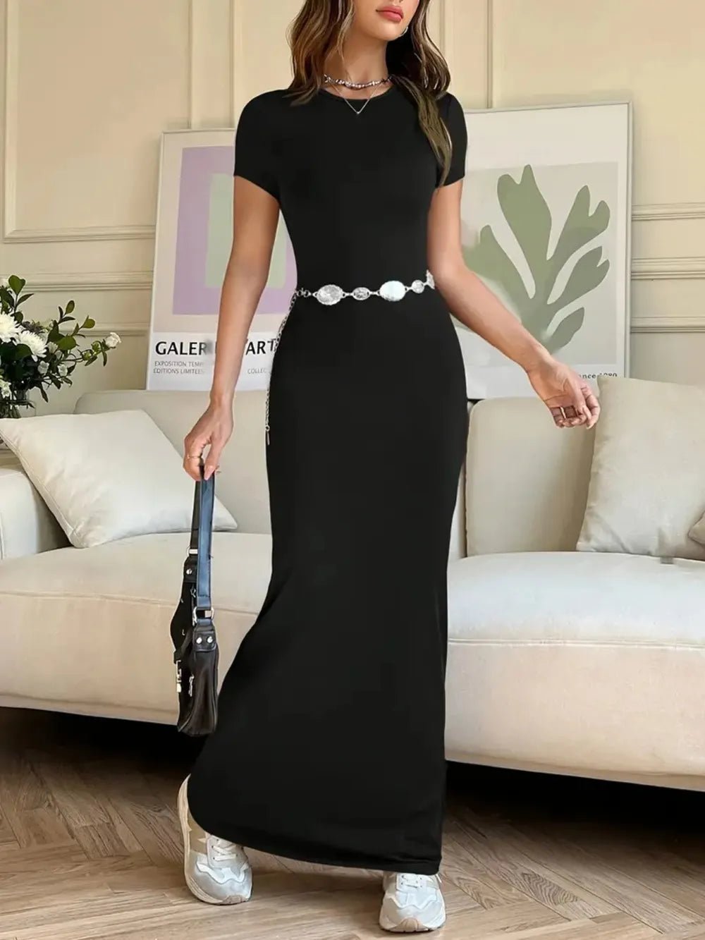 Elegant Short Sleeve Maxi Tee Dress - adritiX