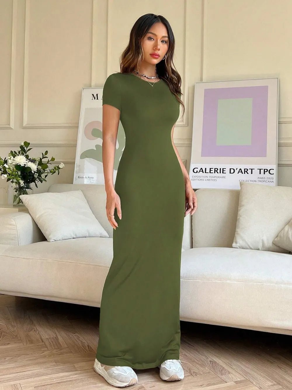 Elegant Short Sleeve Maxi Tee Dress - adritiX