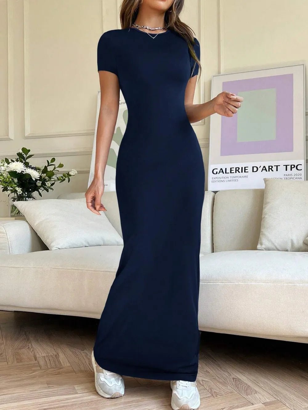 Elegant Short Sleeve Maxi Tee Dress - adritiX
