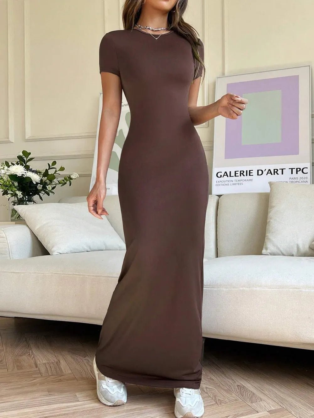 Elegant Short Sleeve Maxi Tee Dress - adritiX