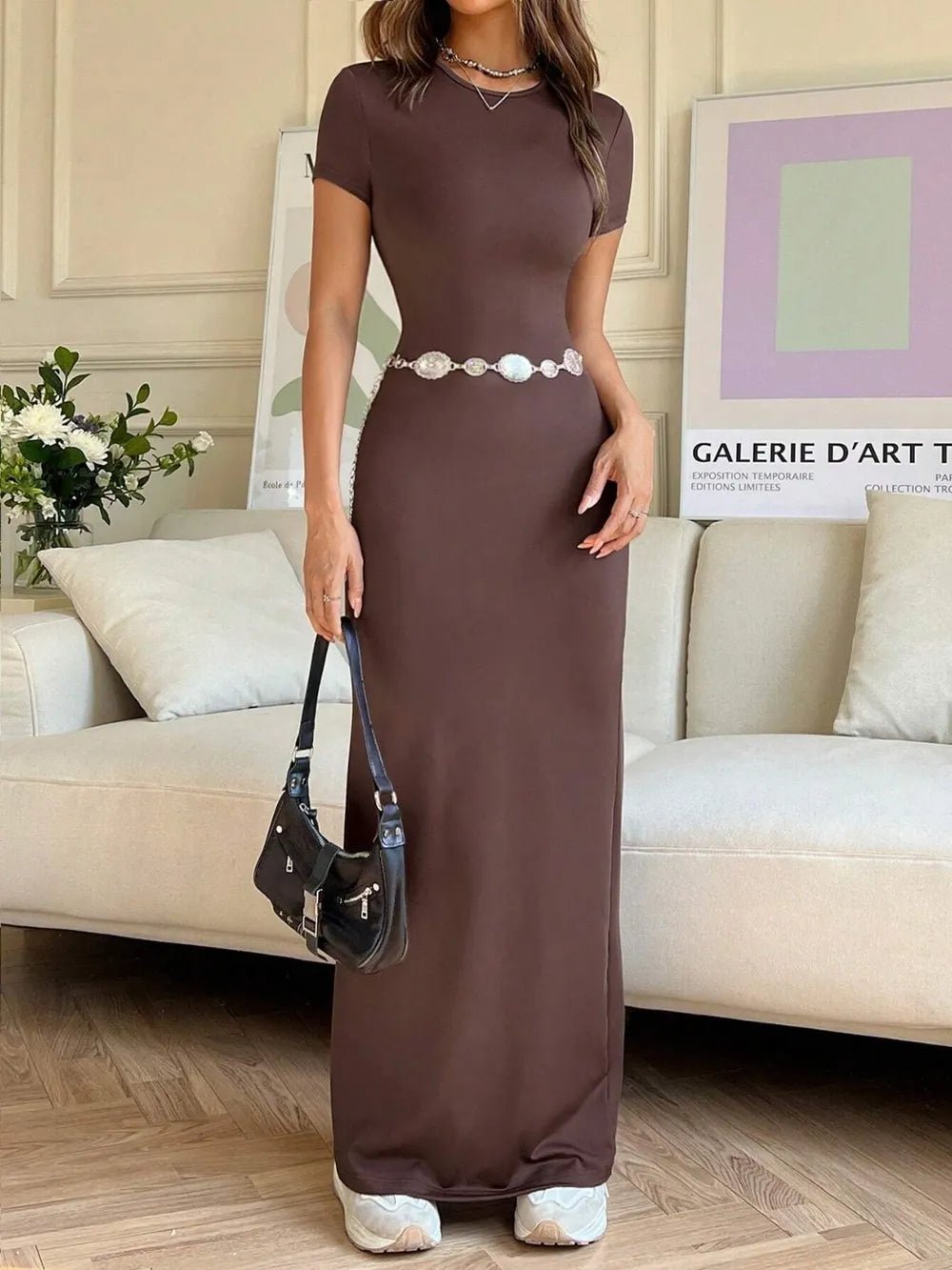 Elegant Short Sleeve Maxi Tee Dress - adritiX