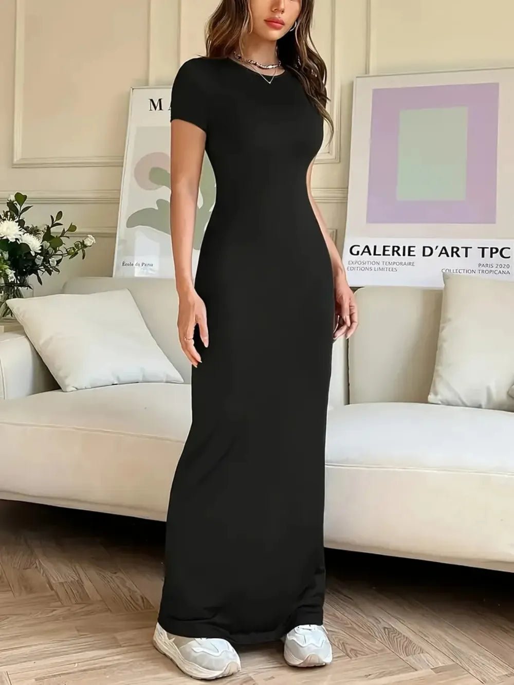 Elegant Short Sleeve Maxi Tee Dress - adritiX