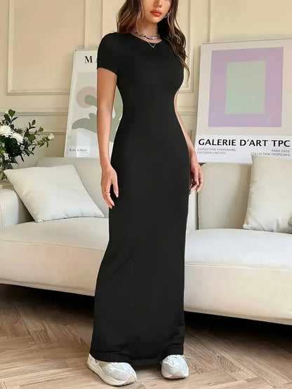 Elegant Short Sleeve Maxi Tee Dress - adritiX