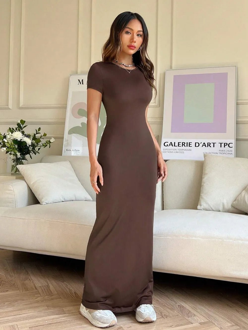 Elegant Short Sleeve Maxi Tee Dress - adritiX