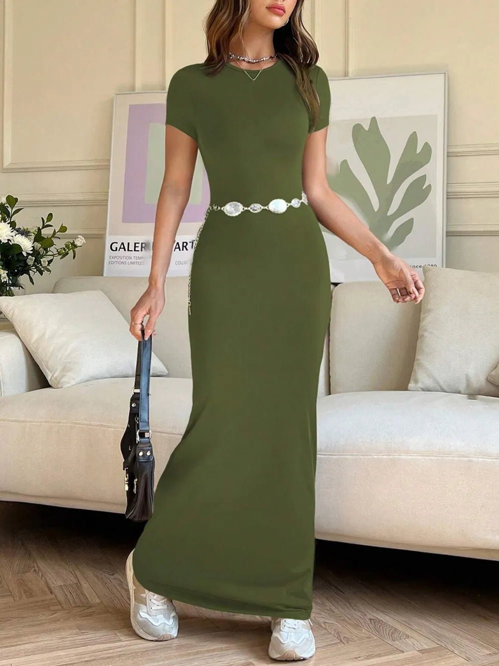 Elegant Short Sleeve Maxi Tee Dress - adritiX