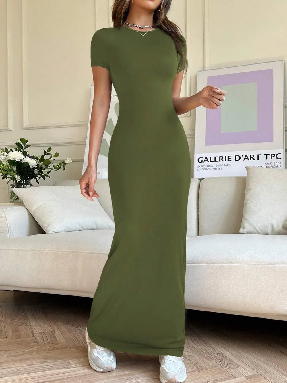 Elegant Short Sleeve Maxi Tee Dress - adritiX