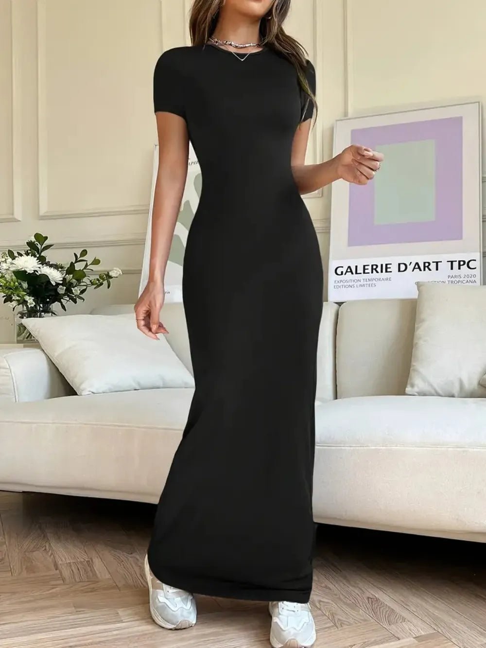 Elegant Short Sleeve Maxi Tee Dress - adritiX