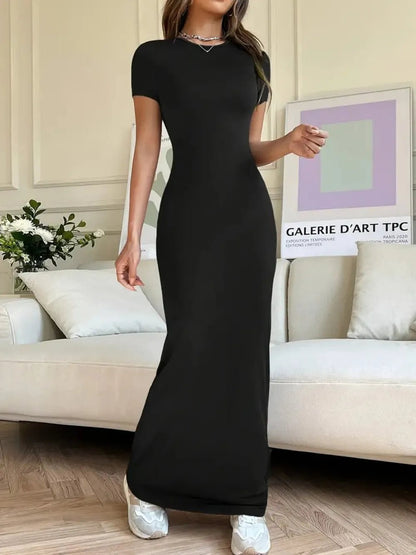 Elegant Short Sleeve Maxi Tee Dress - adritiX
