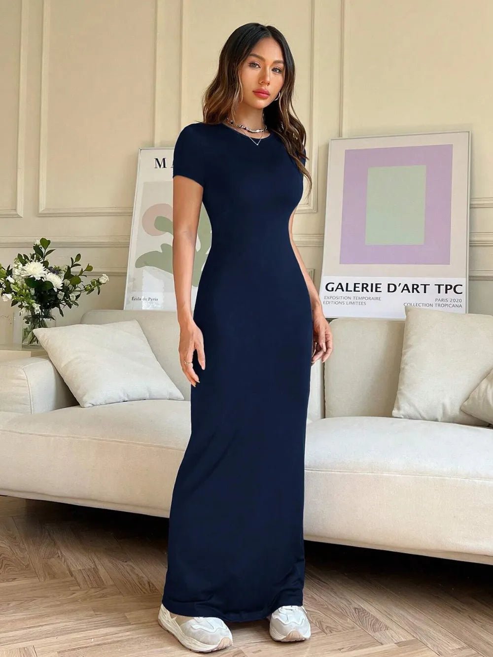 Elegant Short Sleeve Maxi Tee Dress - adritiX