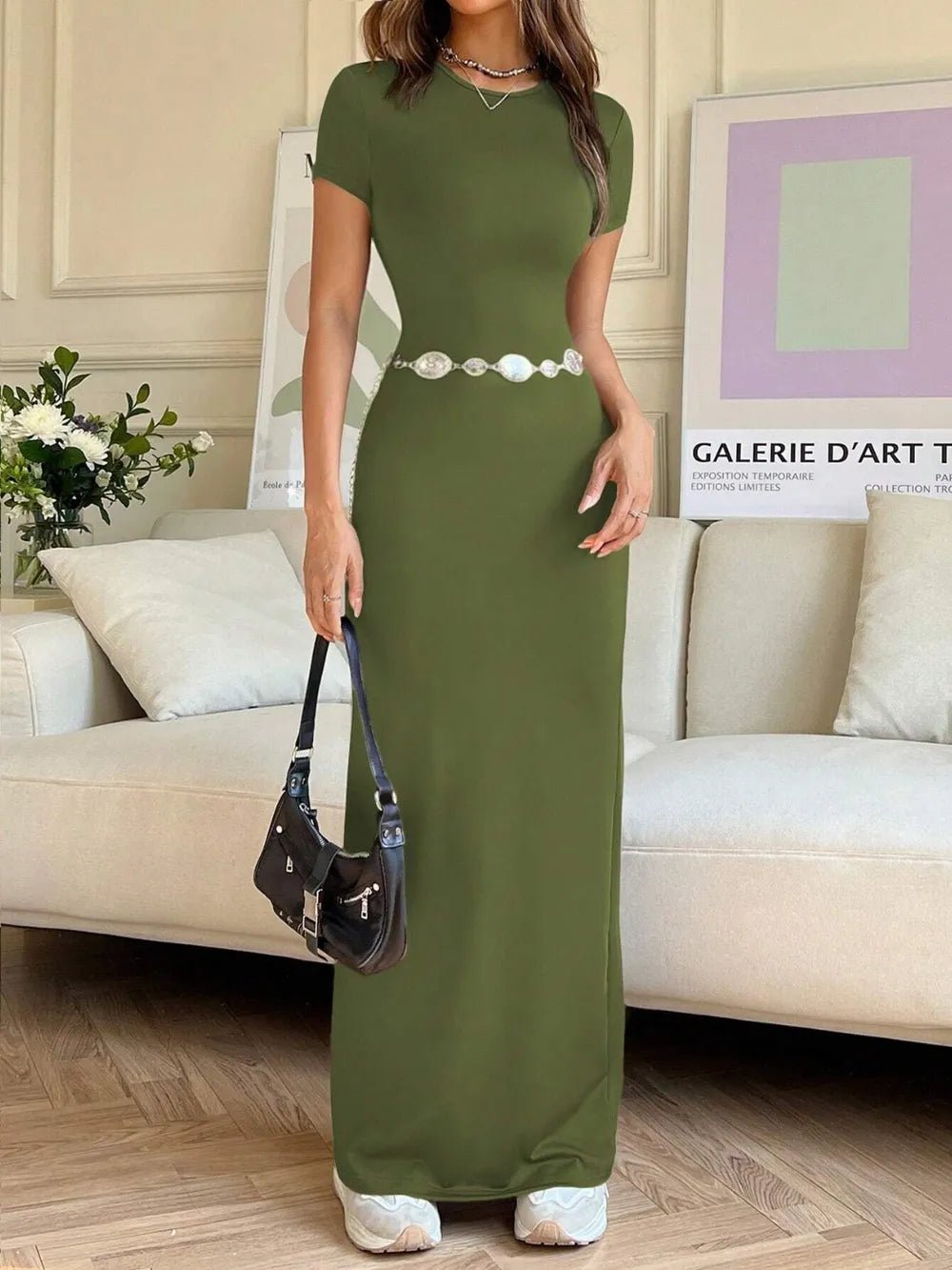 Elegant Short Sleeve Maxi Tee Dress - adritiX