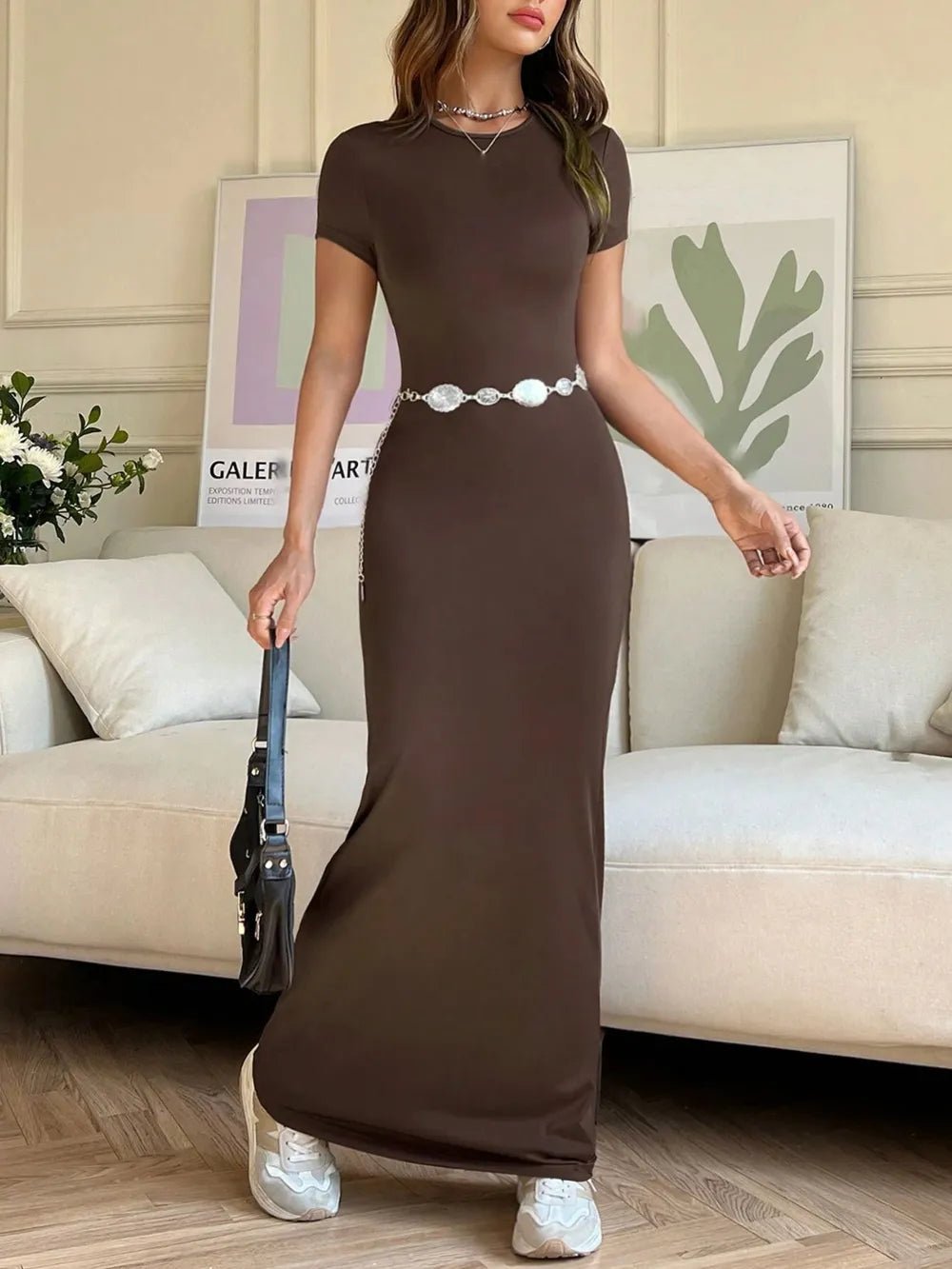 Elegant Short Sleeve Maxi Tee Dress - adritiX