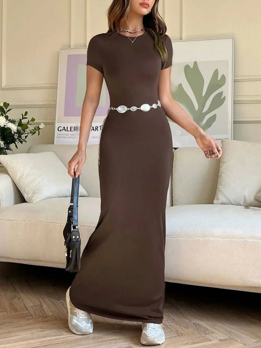 Elegant Short Sleeve Maxi Tee Dress - adritiX
