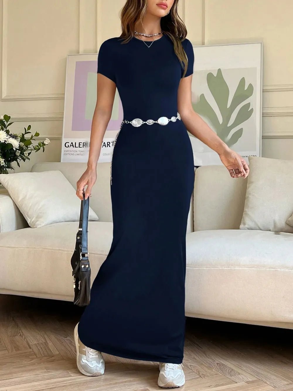 Elegant Short Sleeve Maxi Tee Dress - adritiX
