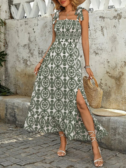 Elegant Smocked Slit Printed Tie Shoulder Dress - adritiX