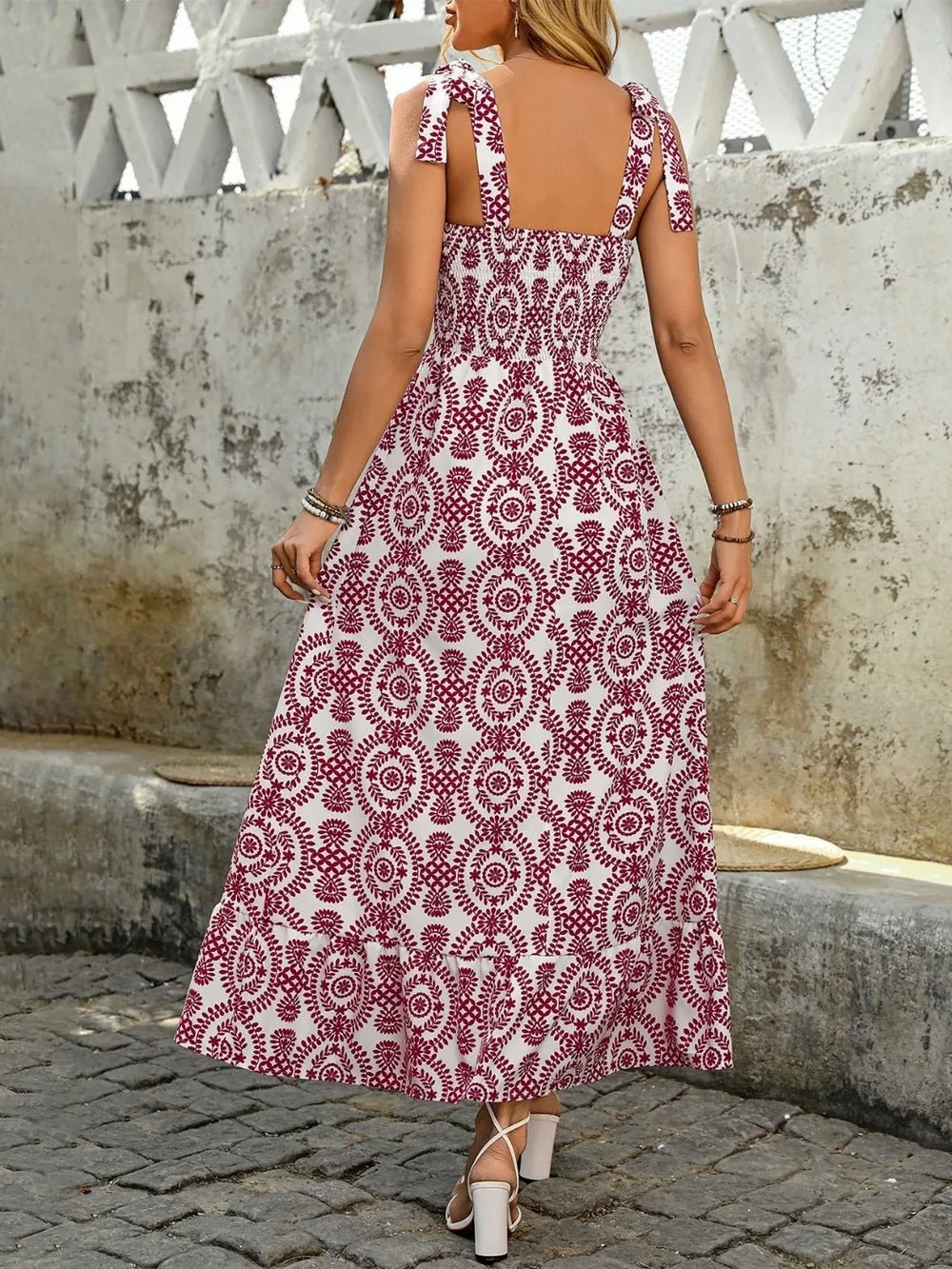 Elegant Smocked Slit Printed Tie Shoulder Dress - adritiX