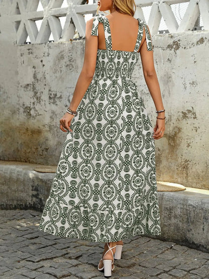 Elegant Smocked Slit Printed Tie Shoulder Dress - adritiX
