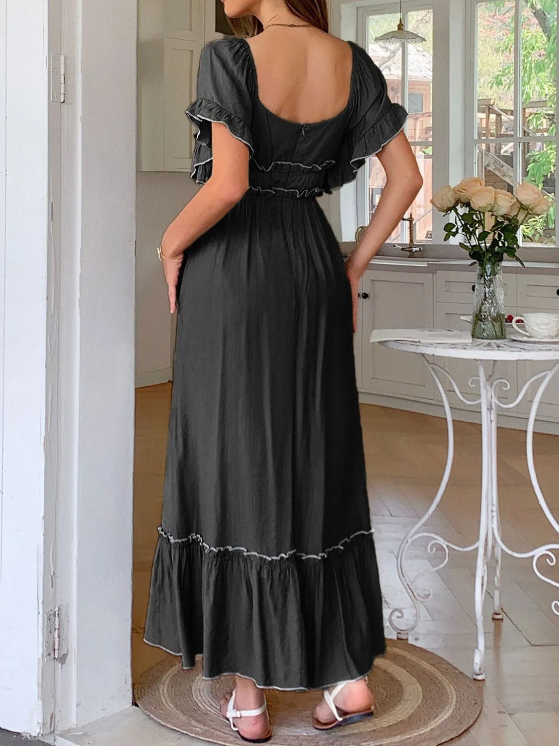 Elegant Square Neck Puff Sleeve Ruffle Trim Maxi Dress - adritiX