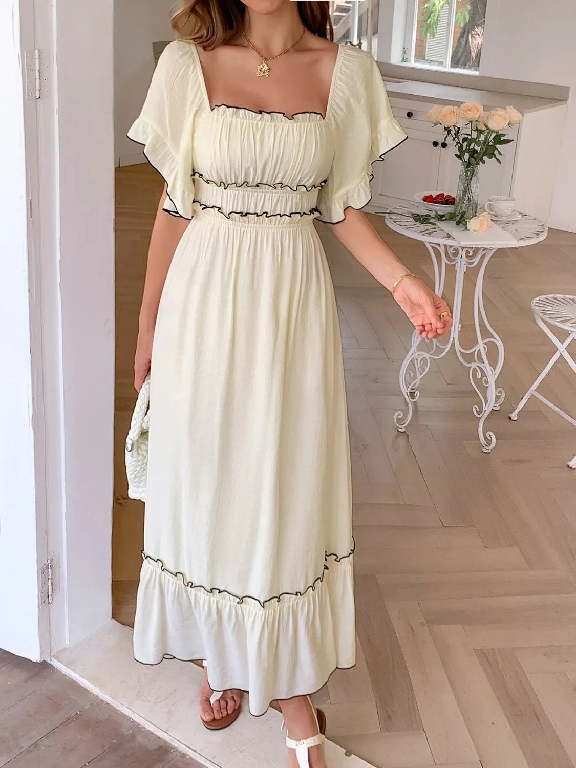 Elegant Square Neck Puff Sleeve Ruffle Trim Maxi Dress - adritiX