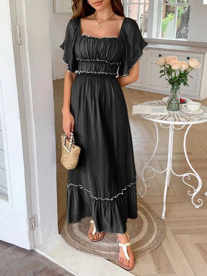 Elegant Square Neck Puff Sleeve Ruffle Trim Maxi Dress - adritiX