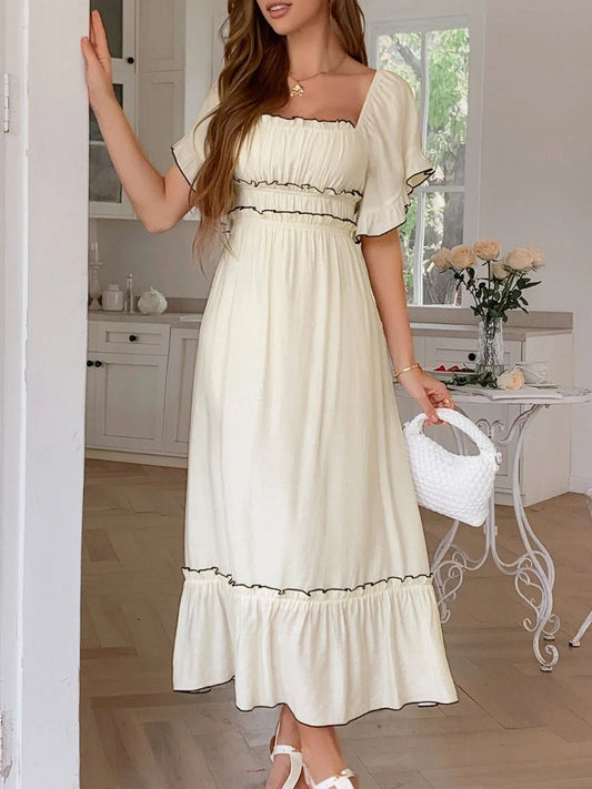 Elegant Square Neck Puff Sleeve Ruffle Trim Maxi Dress - adritiX