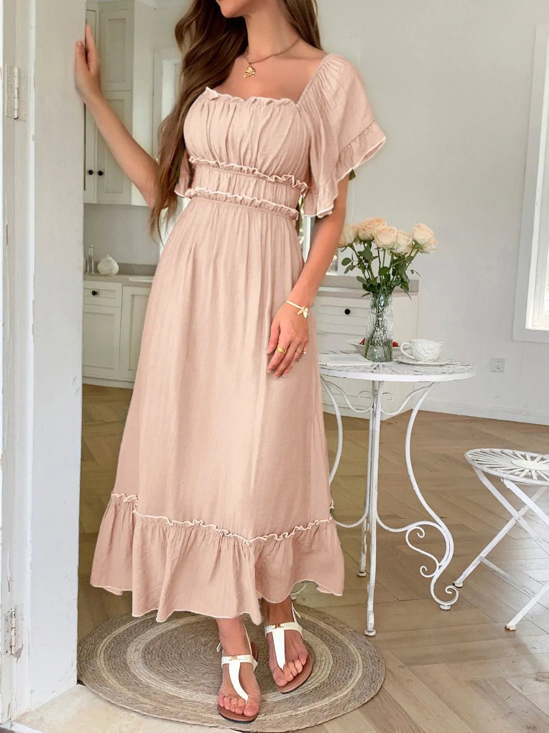 Elegant Square Neck Puff Sleeve Ruffle Trim Maxi Dress - adritiX