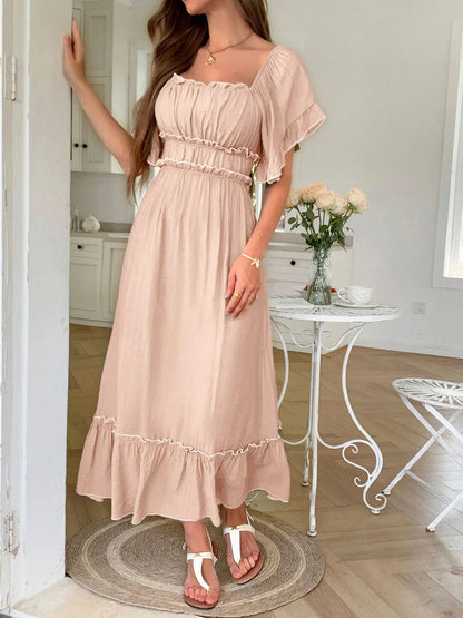 Elegant Square Neck Puff Sleeve Ruffle Trim Maxi Dress - adritiX