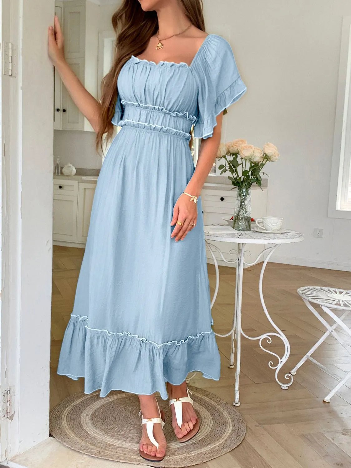 Elegant Square Neck Puff Sleeve Ruffle Trim Maxi Dress - adritiX