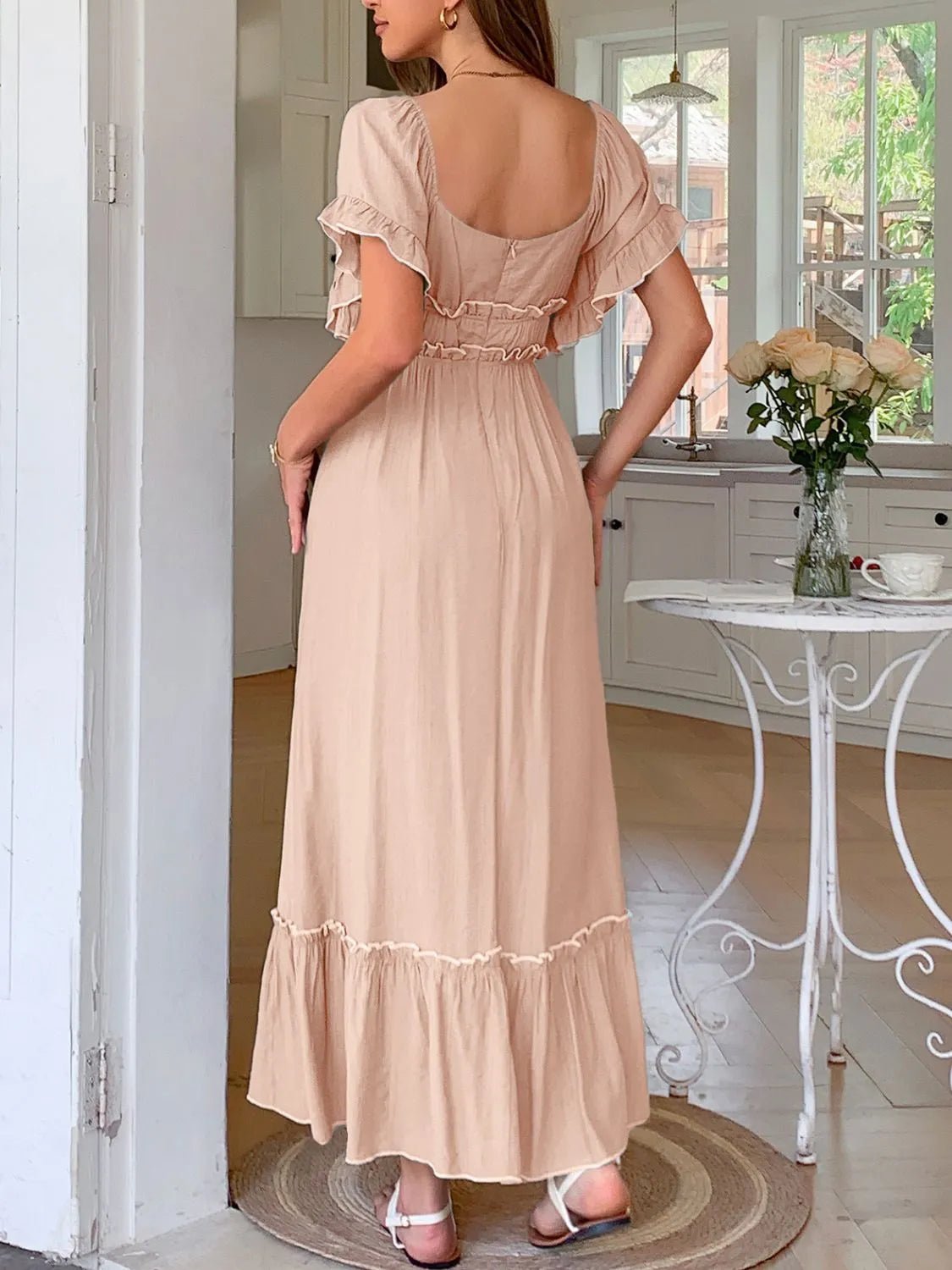 Elegant Square Neck Puff Sleeve Ruffle Trim Maxi Dress - adritiX