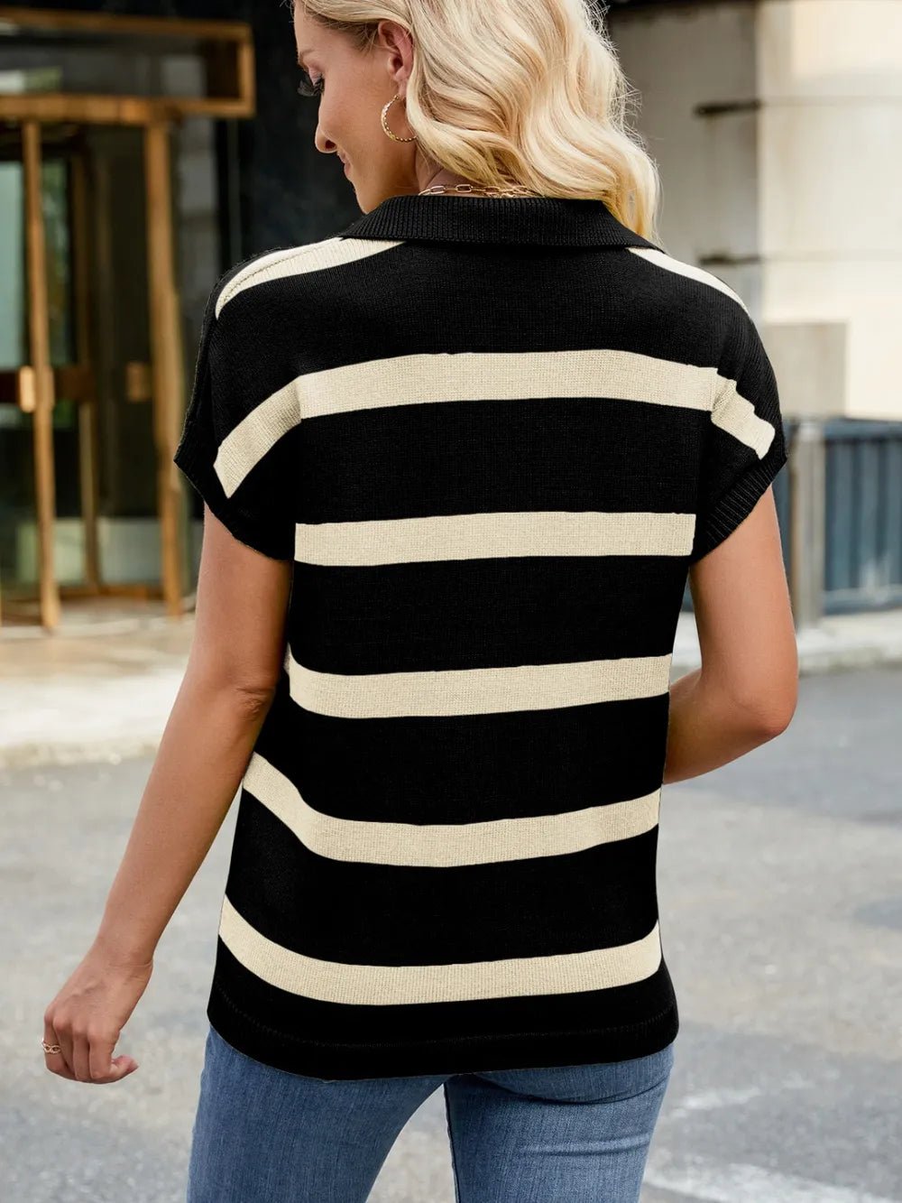Elegant Striped Johnny Collar Cap Sleeve Sweater - adritiX
