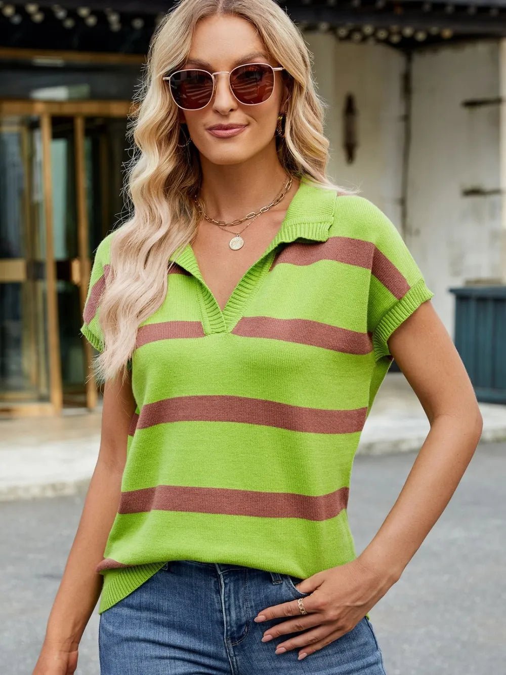 Elegant Striped Johnny Collar Cap Sleeve Sweater - adritiX