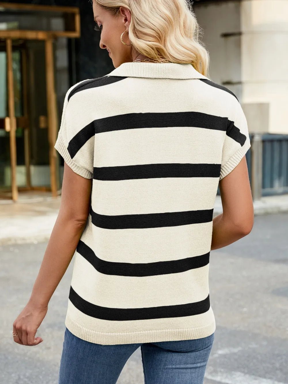 Elegant Striped Johnny Collar Cap Sleeve Sweater - adritiX