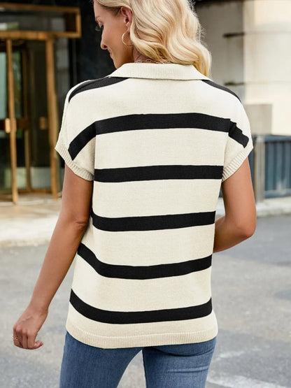 Elegant Striped Johnny Collar Cap Sleeve Sweater - adritiX