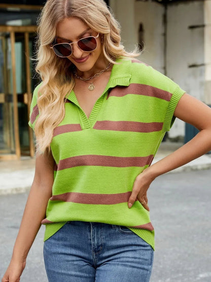 Elegant Striped Johnny Collar Cap Sleeve Sweater - adritiX