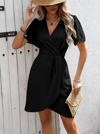 Elegant Surplice Short Sleeve Mini Dress - adritiX