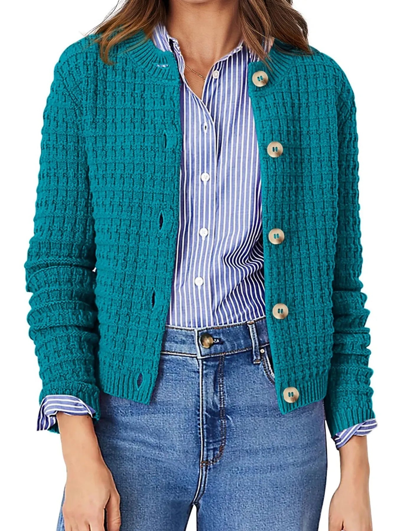 Elegant Textured Knit Button - Front Cardigan - adritiX