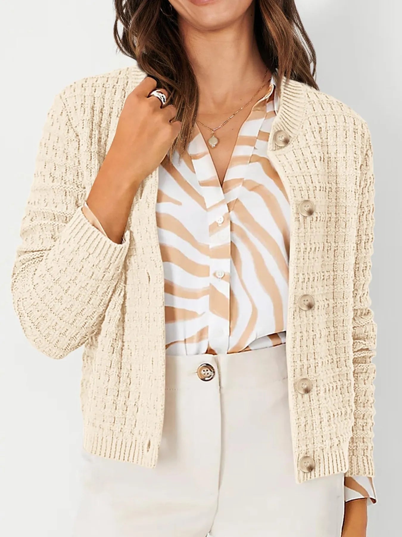 Elegant Textured Knit Button - Front Cardigan - adritiX