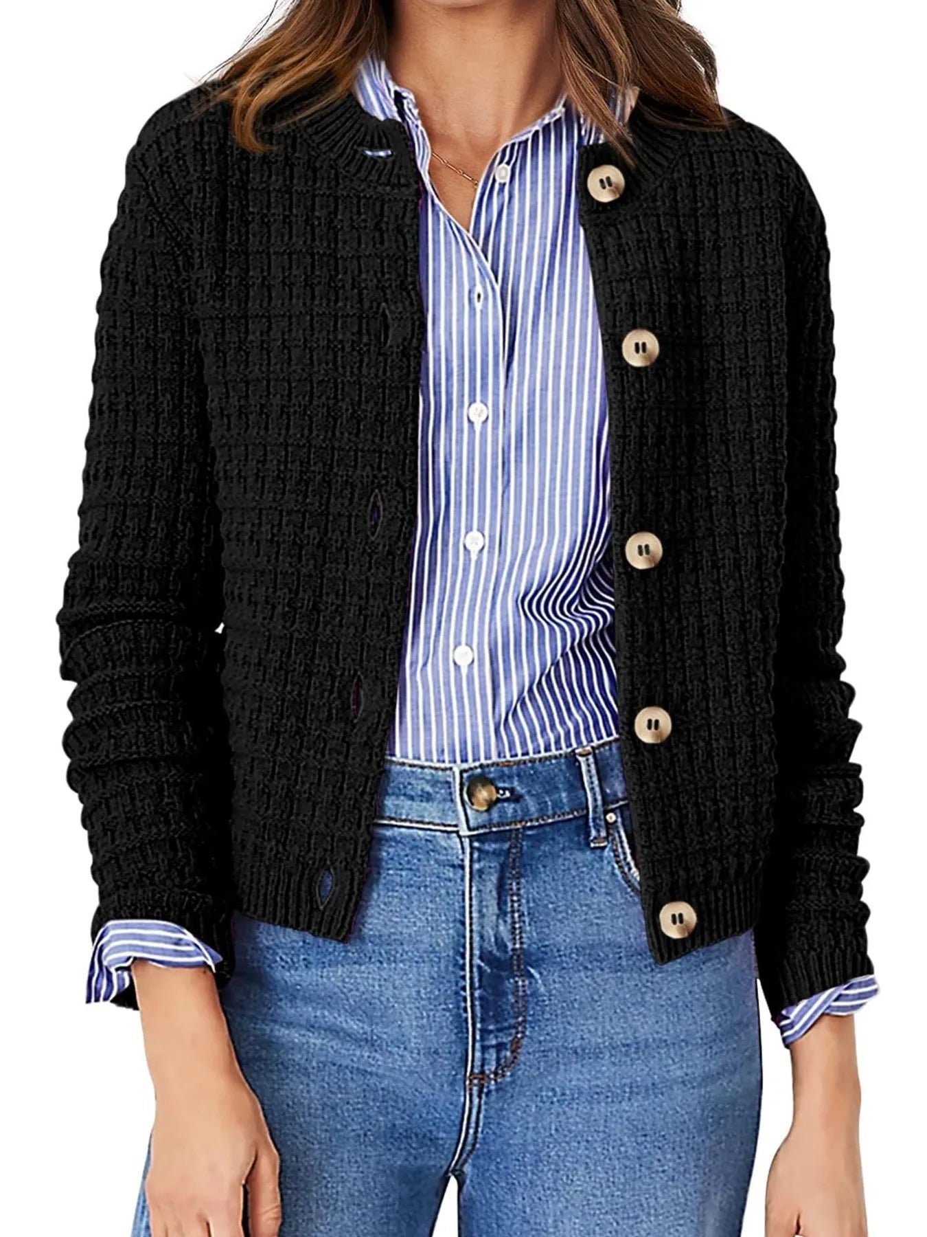 Elegant Textured Knit Button - Front Cardigan - adritiX